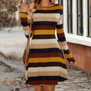 Striped Long-Sleeve Midi Dress in Mustard, Brown & Navy